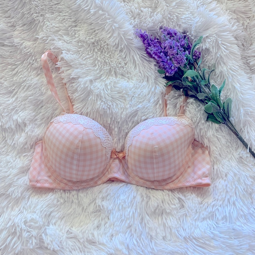 Peach Checkered Lace Trim Bra